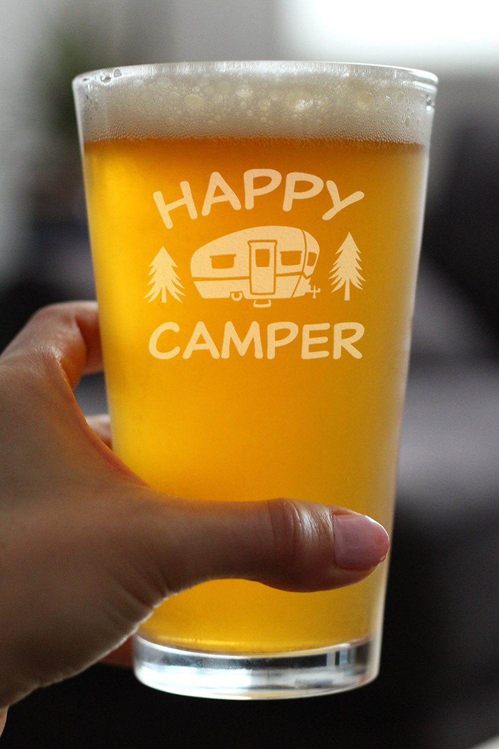 Happy Camper - Pint Glass for Beer - Fun RV Gifts for Men & Women Who Love Drinking & Camping - 16 oz