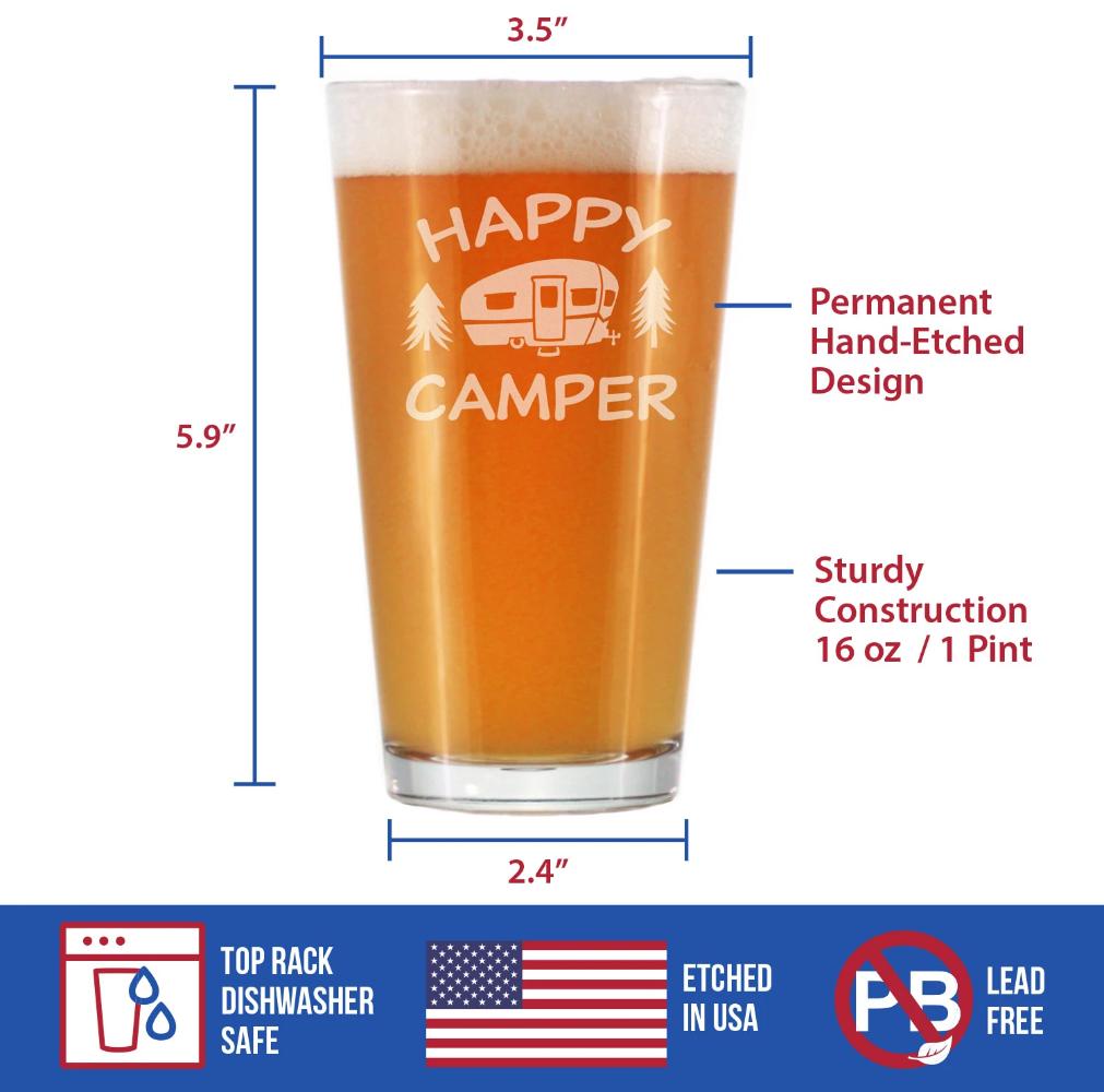 Happy Camper - Pint Glass for Beer - Fun RV Gifts for Men & Women Who Love Drinking & Camping - 16 oz